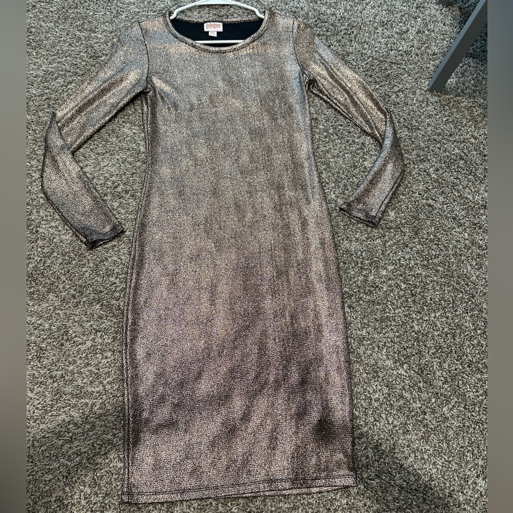 Used LuLaRoe Elegant Collection Metallic Rose or Gold Debbie Sheath Dress Sz XXS